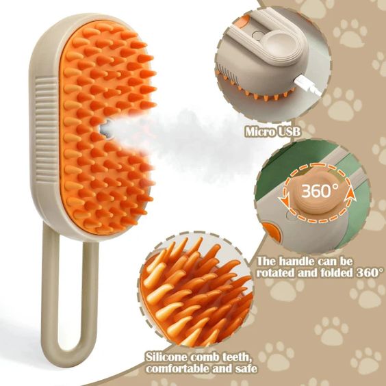 3-in-1 Rechargeable Steamy Cat & Dog Grooming Brush – Self-Cleaning Hair Removal Brush with Spray Function